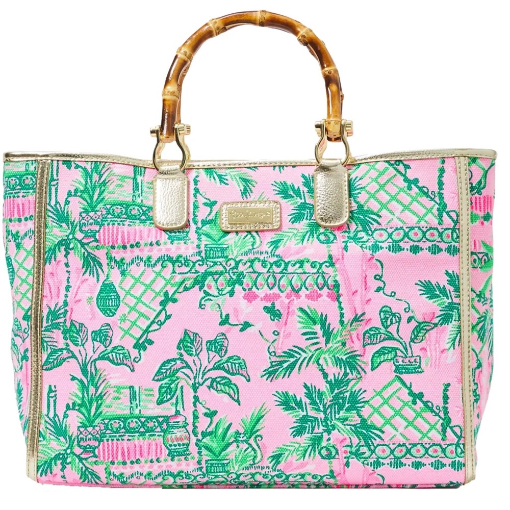 Lilly Pulitzer Pink and Green Tropical Bamboo-Handle Tote